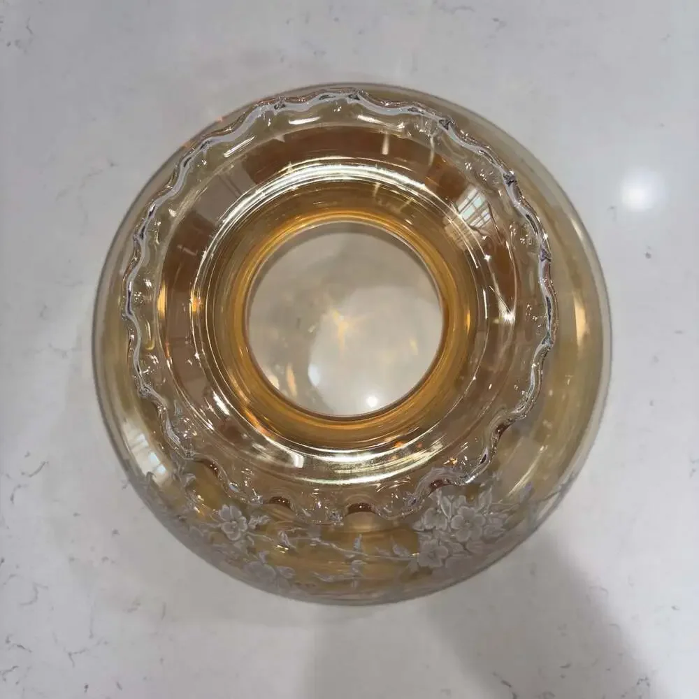 Vintage Hurricane Ruffled Iridescent Amber Glass Shade White Floral 9.5” Fitter